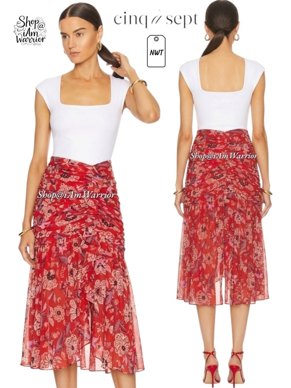 Cinq a Sept NWT ruched ruffle floral cherry red midi skirt *Shop@iAmWarrior